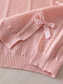 Girls Elegant Cute Pink Bow Round Neck Sweater Twisted Cable Knit Pullover Long Sleeve Suitable For Daily Wear, Vacation, Spring, Autumn, Winter - Pink - View 8