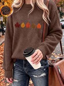 Suéter de manga larga con cuello redondo para mujer de talla grande, top con estampado, estilo de punto casual de moda, adecuado para el uso diario - Ocre oscuro - Ver 10