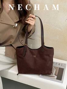 1pc Vintage Suede Solid Color Minimalist Elegant Shoulder Bag Large Capacity Casual Versatile Tote Bag - Coffee Brown - View 1