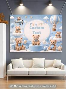 Customizable Text Blue Pilot Bear Background With Blue Stars, Hot Air Balloon And Flag, Cute Plush Bear Gift Box Design, Suitable For Bath, Birthday And Portrait Photography Background Props, Vinyl Material - Blue - View 4