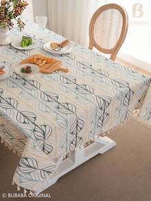 1pc Modern Bohemian Geometric Leaf Tassel Tablecloth, Aesthetic Art Print Tablecloth, Farmhouse Style For Dining Room, Kitchen, Party And Daily Use - Multicolor - View 9