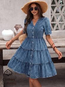 Cotton V-Neck Short Sleeve Denim Layered Cake Dress Casual - Blue - View 3