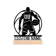 1pc Customizable Name Basketball Player Metal Desktop Decor, Personalized Desktop Ornament With Wooden Base, Metal Logo, Customized Basketball Gift For Son, Sports Gift For Boys, Birthday Gift For Basketball Enthusiasts - Black - View 8