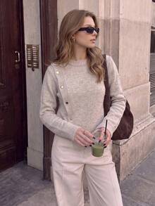 Women's Asymmetrical Button Sweater Crew Neck Long Sleeve Knit Top - Beige - View 6