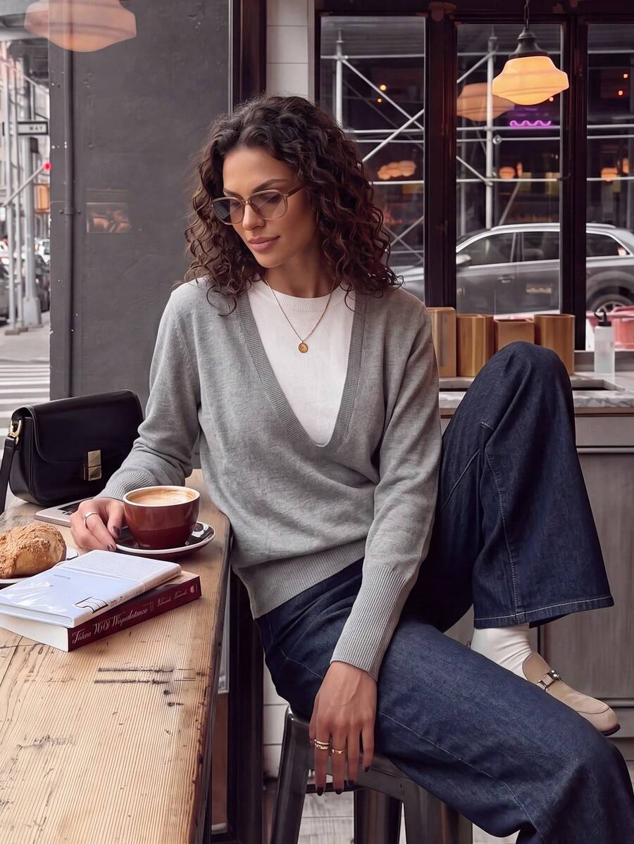 Commuter Style Deep V-Neck 2 In 1 Knit Sweater, Light Gray & White Contrast Collar Loose Long Sleeve Thin Top - Grey - View 1