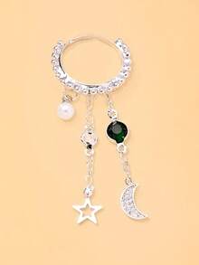 outingfit 1pc New Multi-Layer Tassel Emerald Crystal Star & Moon Pendant Ring, Versatile European & American Style Minimalist Tassel Ring For Women, Premium Design - Silver - View 6
