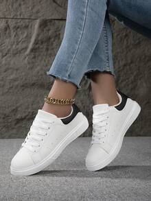 LIVEST Women's White Decorative Detail Lace-Up Skateboard Shoes Casual Style Sports Sneakers - White - View 8