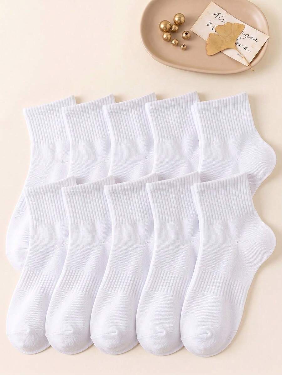 1/5/10/20 Pairs White Socks, Women's Solid Color Mid-Calf Socks, Summer Unisex Long Socks, Spring/Autumn Sports Socks, Couple Socks - Multicolor - View 1