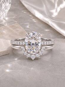 1 Set Women's High-Shine Main Stone Engagement Ring Set 2 Pieces, Classic 4-Prong Setting, Wedding Ceremony Ring Combination - Ring Set - View 12