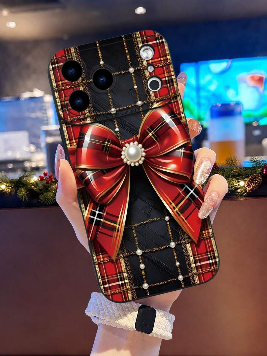 1pc 2D Printed Christmas Plaid Bow Pattern, Popular Creative Premium Design, Waterproof Durable Dustproof Fashion Minimalist Camera Protection Black Matte Full Coverage Protective Phone Case, Compatible With: 18Pro Max/ 17Pro Max Phone Case/18Pro/17/17Pro/,16promax,16/15/14/13/12/11,7/8,XR/XS,All Series Plus/Pro/Pro Max; Galaxy - Black - View 1