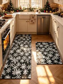 1/2pcs Christmas Kitchen Decor Rug, Black & White Snowflake Winter Kitchen Rug And Mat, Non-Slip Washable Absorbent Kitchen Accessories Decor Mat, Christmas Holiday Gift! - Multicolor - View 1