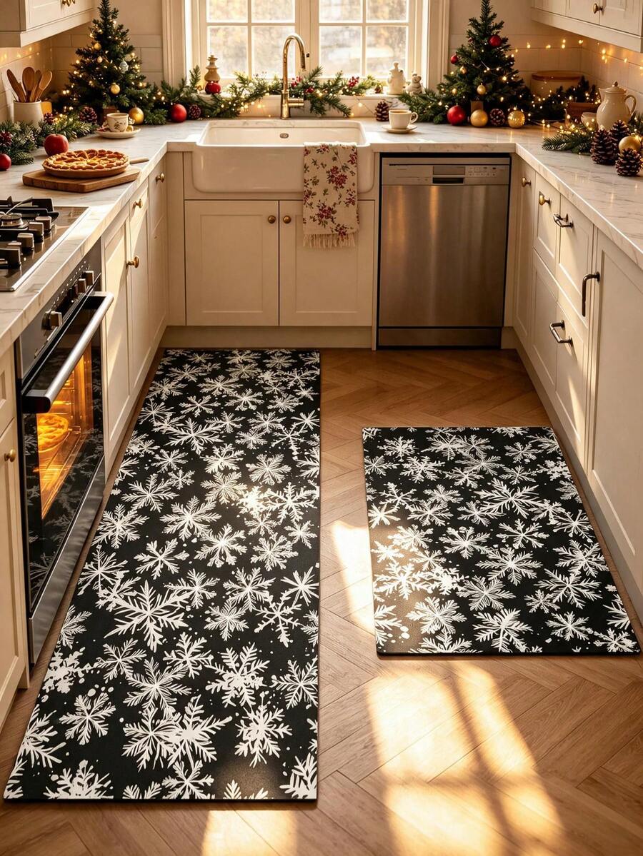 1/2pcs Christmas Kitchen Decor Rug, Black & White Snowflake Winter Kitchen Rug And Mat, Non-Slip Washable Absorbent Kitchen Accessories Decor Mat, Christmas Holiday Gift! - Multicolor - View 1