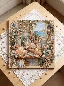 DIY Pearl Painting Kit With Frame, Nautical Ocean Seashell & Starfish Gem Art Picture, Handmade Home Wall Decor - A - View 2