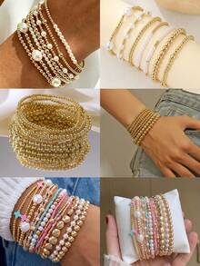 27/13/7pcs Elegant Fashion Creative Faux Pearl Irregular Baroque Pearl Cross Colorful, Gold Beaded Handmade Bracelet Set, Suitable For Women's Daily Wear - Multicolor - View 6