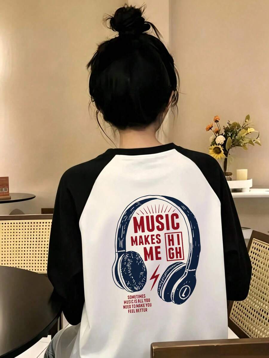 Spring Autumn Winter New Y2K Women's Top Funny Headphone Print Round Neck Contrast Color Raglan Long Sleeve T-Shirt Gen Z - Black and White - View 1