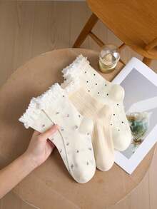 3 Pairs Women's Mid-Calf Socks With Ruffled Edge, White Pleated Socks, Polka Dot Pattern, Simple And Comfortable, Suitable For Spring, Autumn And Winter, Random Color - White - View 1