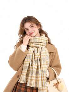 1pc Korean Style Colorblock Plaid Women's Scarf With Tassel Design, Autumn/Winter Outfit Accessory - Multicolor - View 3