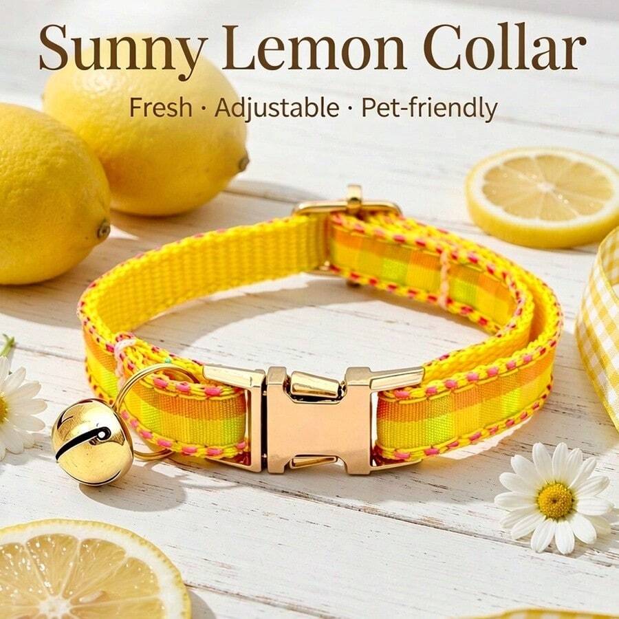 Yellow Plaid Pet Collar With Bell, Quick-Release Buckle, Adjustable ...