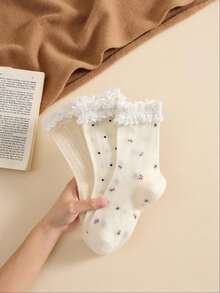 3 Pairs Women's Mid-Calf Socks With Ruffled Edge, White Pleated Socks, Polka Dot Pattern, Simple And Comfortable, Suitable For Spring, Autumn And Winter, Random Color - White - View 5