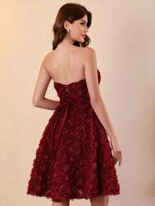 Elegant Strapless Sweetheart 3D Flower Organza Mini Prom Dress, Back Corset Lace Up Flared Party Cocktail Dress For Wedding Guest - Burgundy - View 4