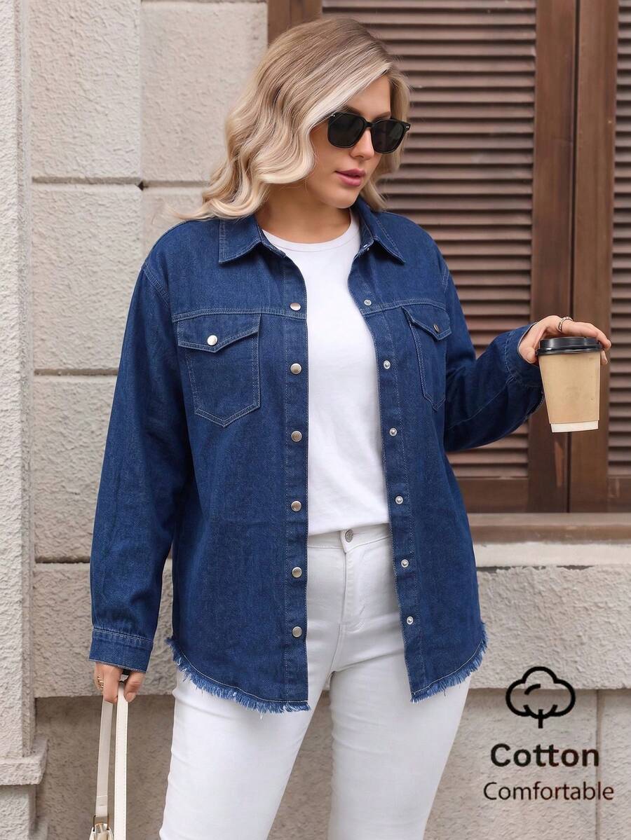 Women's Plus Size Deep Blue Mid-Length Long Sleeve Collared Elegant Denim Top, Traceable Cotton - Dark Wash - View 1