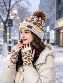 2PCS Women's Autumn/Winter Leopard Print Knitted Hat & Ear Warmer Set, Versatile Woolen Hat With Matching Gloves, Suitable For Daily Wear - Multicolor - View 6