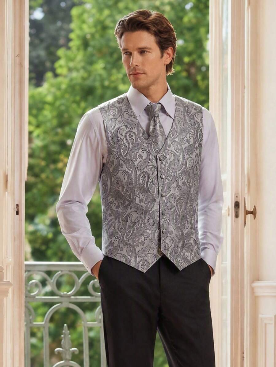 Officeau Men's Grey Jacquard Waistcoat, Including Tie& Cufflinks& Handkerchief Set (Shirt Not Included), Tuxedos For Wedding/ Evening/ Prom/ Party - Grey - View 1