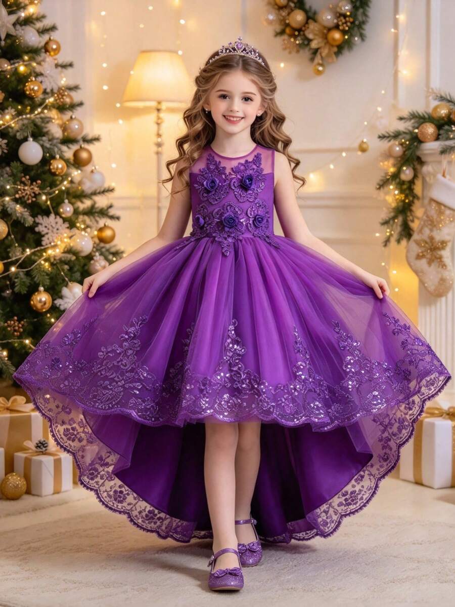 Girls' Formal Dress With Train, Princess Wedding Gown, Sweet Girl Dress For Flower Girl, Birthday, Party, Holiday, Runway, Piano Performance, Evening Gown - Purple - View 1