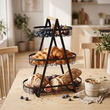 Super life A 2/3-Tier Metal Fruit Basket With A Wooden Handle-A Multi-Level Countertop Organizer For Fruits And Vegetables, Or A Farmhouse-Style Rack For Bread And Snacks, Perfect For Kitchen Countertops. - Black - View 8