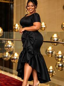 Plus Size Black Elegant Satin Mermaid Dress Round Neck Puff Short Sleeve 3D Big Floral Ruffled High Low Hem Dresses For Formal Evening Wedding Guest - Black - View 6