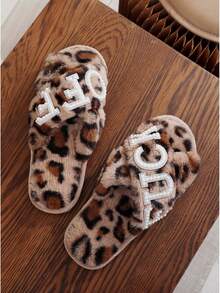Fashion Rhinestone Letter Cross Open Toe Plush Slippers, New Autumn/Winter Warm Comfortable Fuzzy House Shoes For Women, Outdoor Wear - Leopard Print - View 3