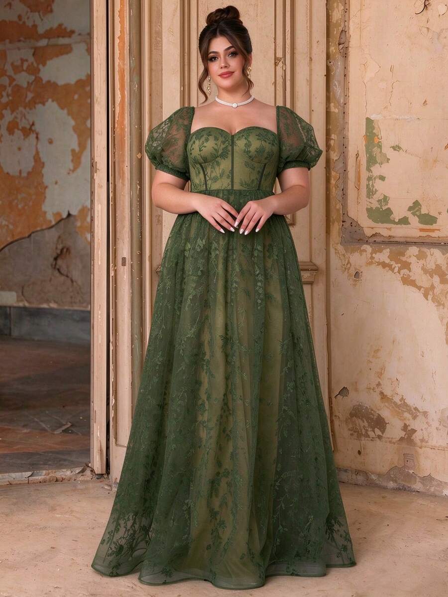 MGIACY Elegant Plus Size Square Neck Puff Sleeve Satin Bra Cup Embroidered Lace Maxi Dress, Suitable For Summer Wedding Party Ball Holiday Birthday - Army Green - View 1
