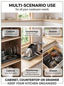Expandable Pot Lid Storage Rack, Kitchen Countertop Organizer, Suitable For Placement Beside Stove, Sink, And Prep Counter. The Rack Can Be Freely Stretched And Adjusted In Length, Allowing Pot Lids And Cutting Boards To Be Slotted Into Metal Dividers For Vertical Storage. Washed Pot Lids Can Be Placed Directly On The Rack For Draining And Ventilation, Preventing Water Accumulation And Water Stains. Neatly Organizes Various Sizes Of Pot Lids And Cutting Boards, Saving Countertop Space And Making Them Easy To Access. Say Goodbye To Cluttered Countertops And Enjoy Easier Kitchen Management During Daily Cooking And Meal Prep - Multicolor - View 9