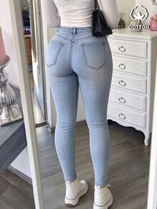 MYOURSA Mid Rise Skinny Jeans Daily Casual Stretchy Denim Pants Y2k Cute School Outfits - Light Wash - View 4
