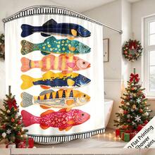 1PC Vintage Painted Fish Pattern Shower Curtain, 100% Polyester Quick-Dry, Includes Hooks, Machine Washable, All-Season Use, Bathroom Privacy Partition Curtain, Fits Multiple Shower Rods, Home Holiday Decor Curtain - A - View 13