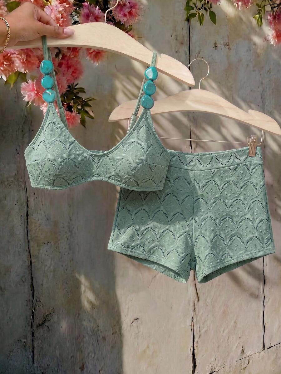 Women's Textured Fabric Bikini Swimsuit 2 Pieces Set, Beaded Shoulder Straps, With Shorts-Style Swim Bottoms, Fashionable Vacation Style, Suitable For Beach, Pool And Summer Holiday Wear - Dark Green - View 1