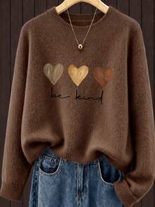 Plus-Size Women's Top Featuring A Three-Color Heart Pattern And The Slogan "Be Kind To Others"; Soft, Comfortable, Stylish, And Elegant. - Dark Ochre - View 10