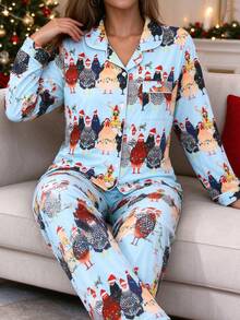 2 Pieces Women's Long Sleeve Pajama Set, Christmas Cartoon Chicken Family Pattern, Gift 2-Piece Set, Lapel Button Long Sleeve, Loose Elastic Long Pants, Suitable For All Seasons, Home Wear, Outdoor Wear, Comfortable And Loose, New Full Print Pattern - Baby Blue - View 2