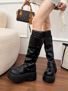 Women's Tall Slouchy Riding Boots, Lace Trim Thick Sole Platform Long Boots, Soft Leather Pleated Design Street Fashion Boots - Black - View 5