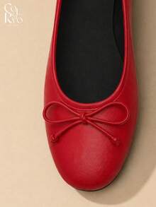 New Women's Comfortable Versatile Slip-On Ballet Flats, Bow Decor, Black Round Toe Low-Top Flat Shoes - Red - View 4