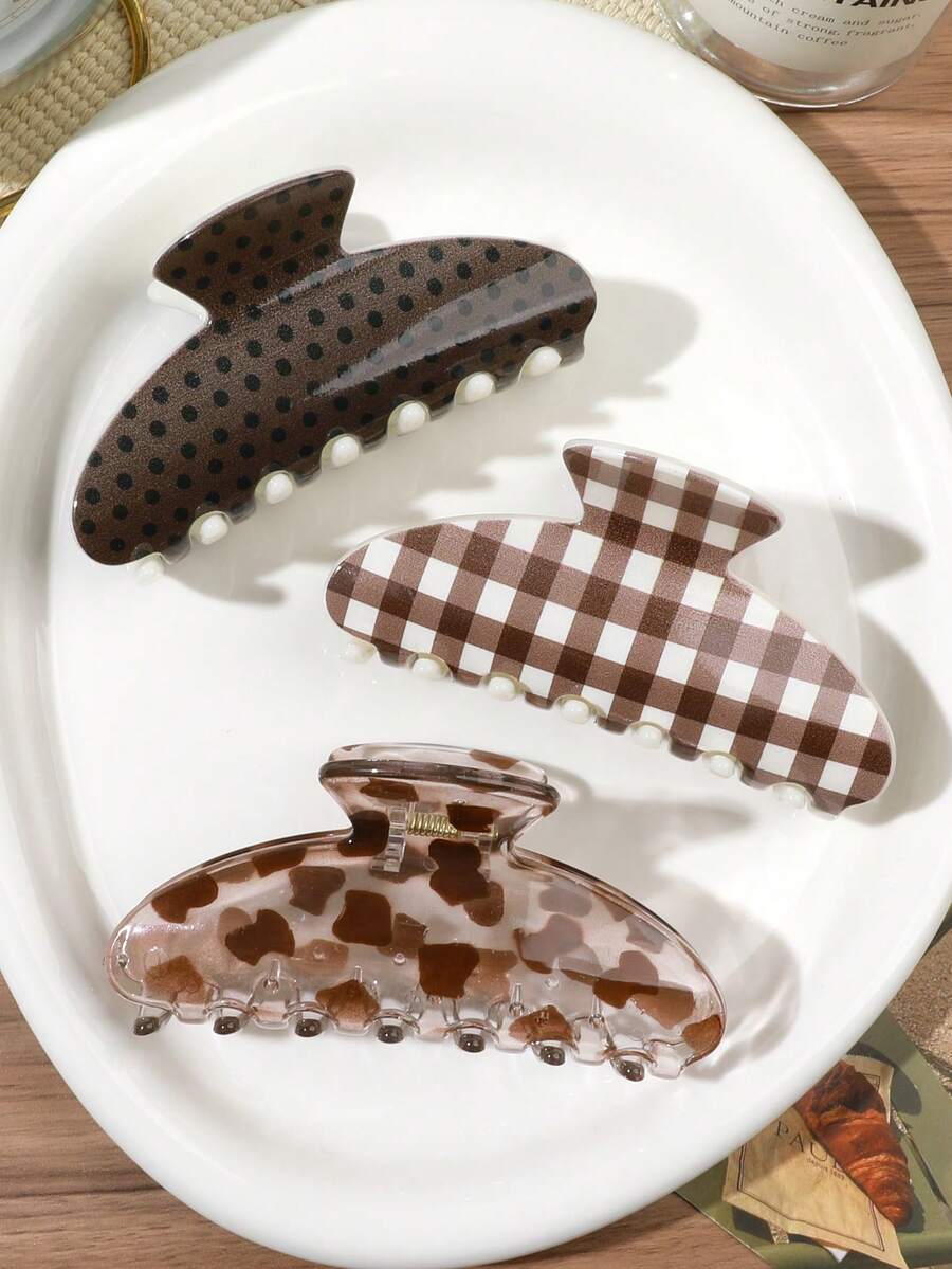 3件組秋冬美拉德咖啡棕半圓形髮夾套組,圓點格紋豹紋奶牛印花硬幣造型髮夾,溫柔極簡優雅復古Ins風髮飾 - 彩色 - 查看 1