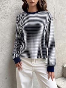 GLAMSKIN Women's Colorblock Striped Crew Neck Long Sleeve T-Shirt, Minimalist Loose Fit Autumn Basic Style, Suitable For Daily Wear And Commuting - Navy - View 2