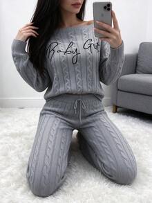 女款秋冬純色刺繡休閒上衣 + 鉛筆褲針織兩件套，適合日常戶外穿著 - 灰色 - 查看 1