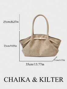 1pc CHAIKA & KILTER Solid Color Suede Fabric Shoulder Bag, Women's Vintage Casual Large Capacity Shoulder Tote Bag With Pleated Design - Khaki - View 3