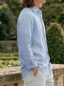 glestore Men's Retro Style Old Coin Aesthetic Pure Cotton Linen Feel Button-Down Long Sleeve Shirt, Casual Versatile Design For All Seasons - Blue - View 3