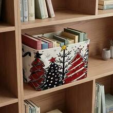1pc Christmas Storage Basket, Hand-Painted Christmas Tree Star Snowflake Pattern Fabric Storage Bin With Handle, Single-Sided Print, Home Holiday Decor - Red - View 3