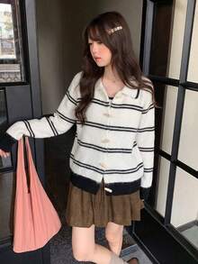 Women's Colorblock Striped Polo Collar Cardigan Knit Sweater With Wooden Buttons, Slimming Soft Knit Jacket, Flattering Skin-Brightening Knit Top - Black and White - View 1