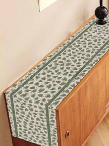 1Pc Christmas Table Runner Green Pine Needle Leaf Pattern With Striped Border Table Flag, Farmhouse Rustic Winter Table Decor For Dining Table, Kitchen, Holiday Party, Home Xmas Tabletop Decoration - Green - View 5