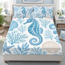3pcs Bed Sheet Set (1PC Bed Sheet + 2pcs Pillowcases, Pillow Inserts Not Included) Polyester Digital Print, Blue And White Seahorse Shell Coral Pattern Bedroom Supplies, Machine Washable, Daily Bedroom Home Textile Products - Multicolor - View 9