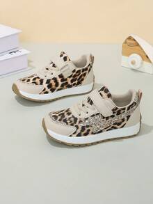 Spring/Autumn New Kids Leopard Print Sports Shoes, Rhinestone Star Hook & Loop Lightweight Non-Slip Casual Running Shoes For Girls - Khaki - View 3